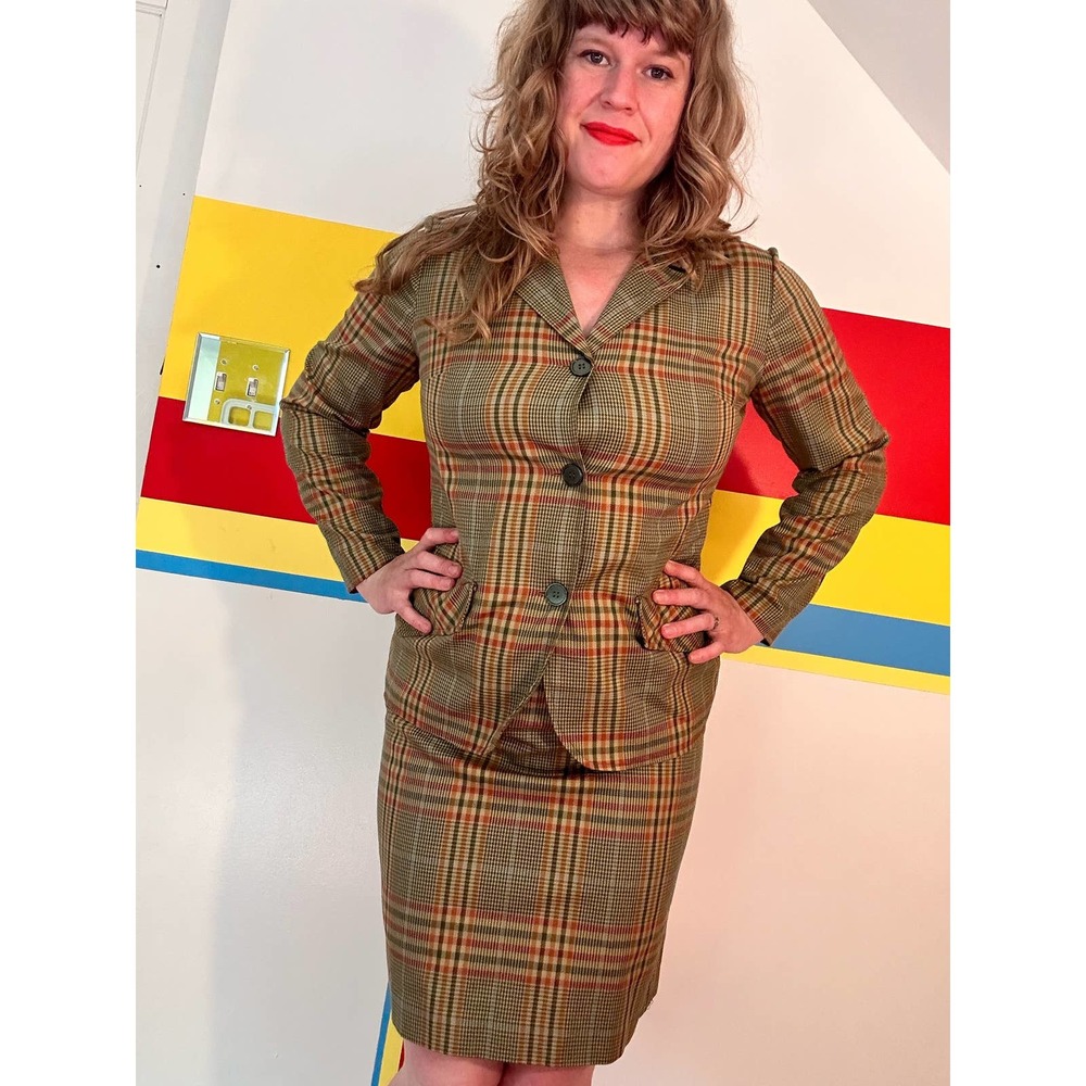 1960s vintage mod plaid green suit 2 piece set blazer skirt sz m